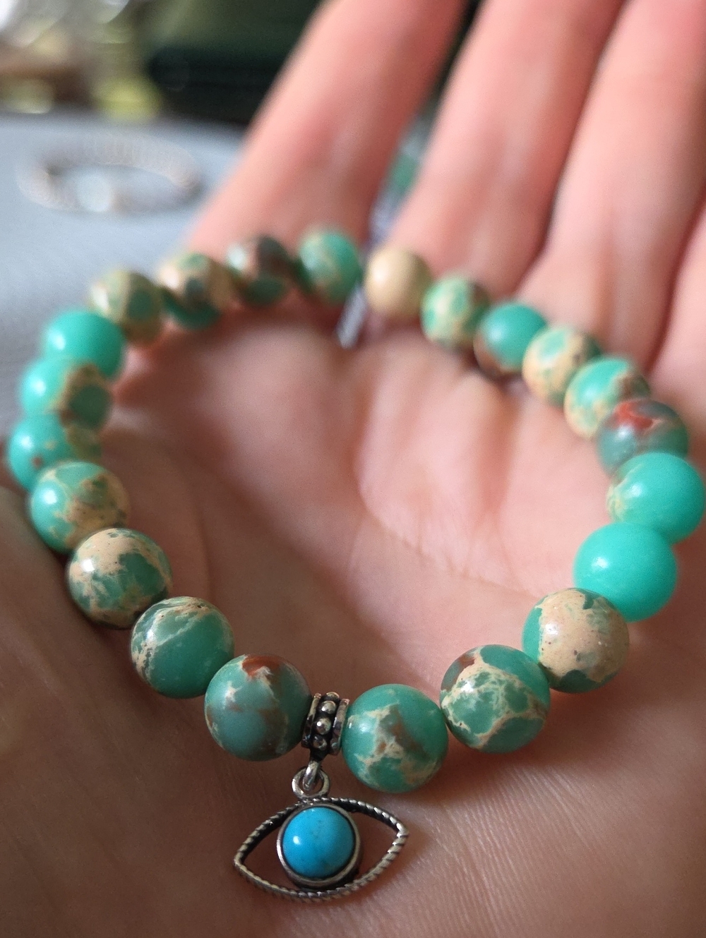 Sterling Silver 925 Evil Eye Charm Sea Sediment Jasper Beaded Bracelet Turquoise